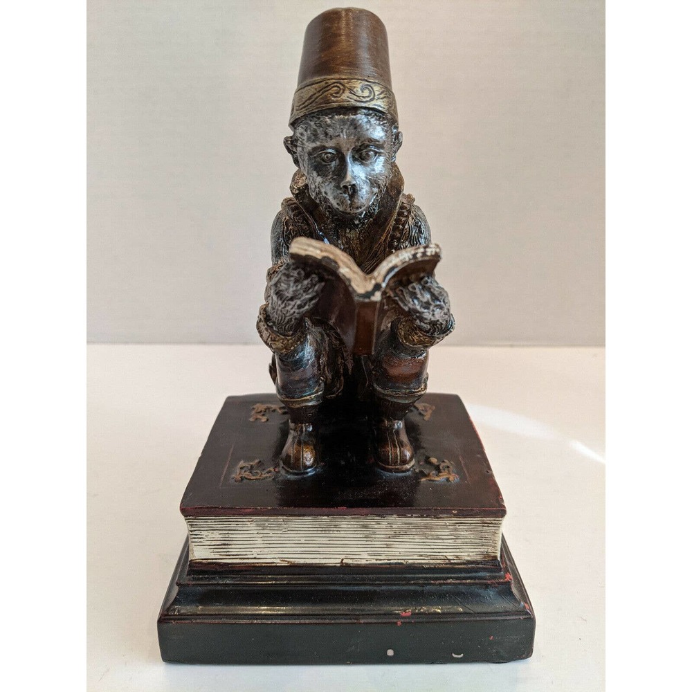 Dezine Monkey w/Zen Hat Reading A Book Setting on A Stack of Books Hand Painted